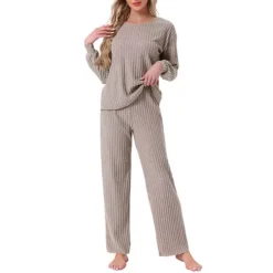 Women's Ribbed Knit Pajamas Sets 2 Piece Long Sleeve Top And Pants Sleepwear Pjs Loungewear Outfits