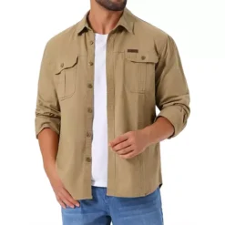 Men's Casual Workwear Long Sleeve Button Down Pockets Fishing Hiking Cargo Work Shirts -Fashion Clothing Store 7793820 Khaki