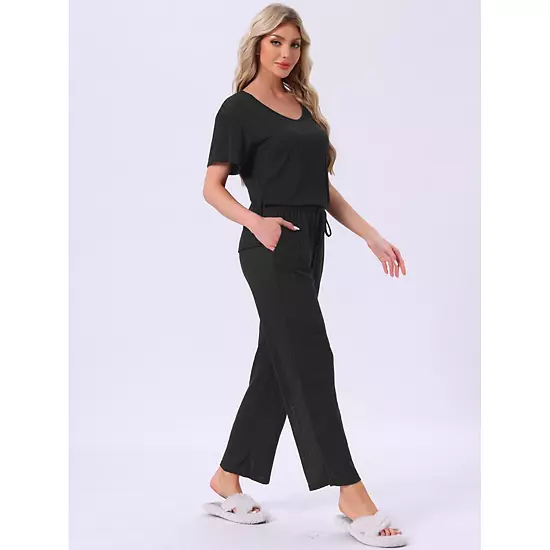 Women's Pajama Set Ribbed Knit Short Sleeve Top And Drawstring Pants 2Pcs Lounge Outfit With Pockets 3 Women's Pajama Set Ribbed Knit Short Sleeve Top And Drawstring Pants 2Pcs Lounge Outfit With Pockets - Image 3