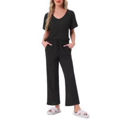 Women's Pajama Set Ribbed Knit Short Sleeve Top And Drawstring Pants 2Pcs Lounge Outfit With Pockets 15 Women's Pajama Set Ribbed Knit Short Sleeve Top And Drawstring Pants 2Pcs Lounge Outfit With Pockets -Fashion Clothing Store 7793822 Black