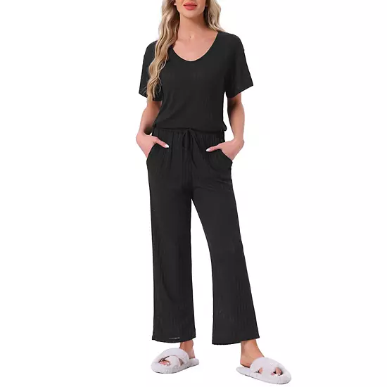 Women's Pajama Set Ribbed Knit Short Sleeve Top And Drawstring Pants 2Pcs Lounge Outfit With Pockets 8 Women's Pajama Set Ribbed Knit Short Sleeve Top And Drawstring Pants 2Pcs Lounge Outfit With Pockets - Image 8