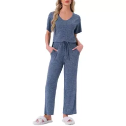 Women's Pajama Set Ribbed Knit Short Sleeve Top And Drawstring Pants 2Pcs Lounge Outfit With Pockets 14 Women's Pajama Set Ribbed Knit Short Sleeve Top And Drawstring Pants 2Pcs Lounge Outfit With Pockets -Fashion Clothing Store 7793822 Blue