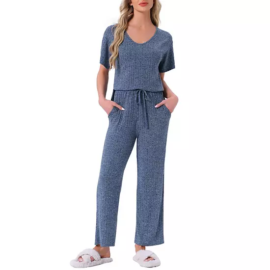 Women's Pajama Set Ribbed Knit Short Sleeve Top And Drawstring Pants 2Pcs Lounge Outfit With Pockets 7 Women's Pajama Set Ribbed Knit Short Sleeve Top And Drawstring Pants 2Pcs Lounge Outfit With Pockets - Image 7