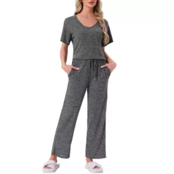 Women's Pajama Set Ribbed Knit Short Sleeve Top And Drawstring Pants 2Pcs Lounge Outfit With Pockets 13 Women's Pajama Set Ribbed Knit Short Sleeve Top And Drawstring Pants 2Pcs Lounge Outfit With Pockets -Fashion Clothing Store 7793822 Dark Grey