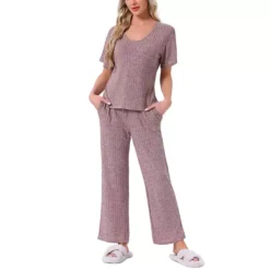 Women's Pajama Set Ribbed Knit Short Sleeve Top And Drawstring Pants 2Pcs Lounge Outfit With Pockets