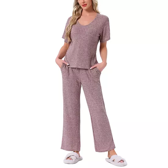 Women's Pajama Set Ribbed Knit Short Sleeve Top And Drawstring Pants 2Pcs Lounge Outfit With Pockets 1 Women's Pajama Set Ribbed Knit Short Sleeve Top And Drawstring Pants 2Pcs Lounge Outfit With Pockets