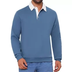 Men's Contrast Collared Long Sleeves Pullover Polo Sweatshirt -Fashion Clothing Store 7793823 Blue