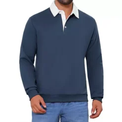 Men's Contrast Collared Long Sleeves Pullover Polo Sweatshirt -Fashion Clothing Store 7793823 Dark Blue