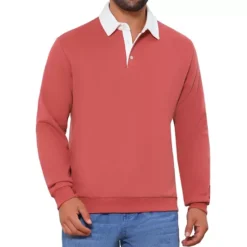 Men's Contrast Collared Long Sleeves Pullover Polo Sweatshirt -Fashion Clothing Store 7793823 Red