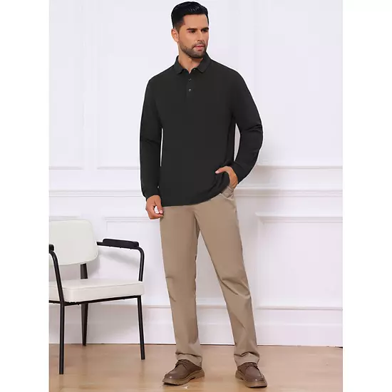 Men's Classic Solid Color Long Sleeves Basic Golf Polo T-Shirts 3 Men's Classic Solid Color Long Sleeves Basic Golf Polo T-Shirts - Image 3