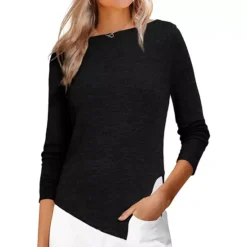 Women's Long Sleeve Boat Neck Fall Winter Irregular Hem Long Sleeve Casual Pullover Sweater Shirts -Fashion Clothing Store 7794785 Black