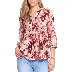 V Neck Shirt For Women's Floral Prints Button Down Puffy Sleeve Casual Shirt