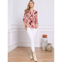 V Neck Shirt For Women's Floral Prints Button Down Puffy Sleeve Casual Shirt -Fashion Clothing Store 7794855 ALT2