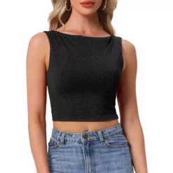 Crew Neck Tops For Women's Tweed Sleeveless Tank Top -Fashion Clothing Store 7796496 Black