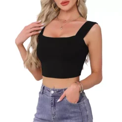 Strappy Tank Top For Women Sleeveless Square Neck Fitted Going Out Party Crop Top -Fashion Clothing Store 7796499 Black 1