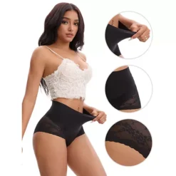 Women's Hi-Cut Satin Underpants Briefs High Waisted Lace Trimmed Tummy Control Underwear -Fashion Clothing Store 7797970 ALT3
