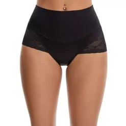 Women's Hi-Cut Satin Underpants Briefs High Waisted Lace Trimmed Tummy Control Underwear