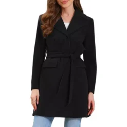 Lapel Collared Belted Coat For Women's Open Front Long Sleeve Overcoat