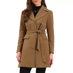 Lapel Collared Belted Coat For Women's Open Front Long Sleeve Overcoat -Fashion Clothing Store 7799350 Khaki