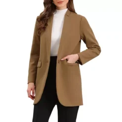 Winter Overcoat For Women's Notched Stand Collar Long Sleeve One Buttoned Mid-Length Coat Outerwear -Fashion Clothing Store 7799377 Khaki