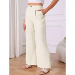 Women's Linen Pants Casual High Waist Straight Wide Leg Lounge Pants Button Palazzo Trousers -Fashion Clothing Store 7799382 ALT2