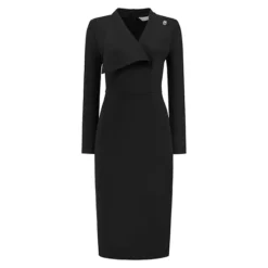Women's Elegant Pencil Dress Lapel V Neck Long Sleeve -Fashion Clothing Store 7799416 Black 1