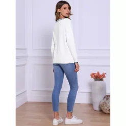 Women's V Neck Sweater Long Sleeve Striped Pullover Soft Fall Casual Sweaters -Fashion Clothing Store 7799793 ALT2