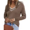 Women's V Neck Sweater Long Sleeve Striped Pullover Soft Fall Casual Sweaters