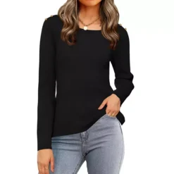 Ribbed Knit Sweater Top For Women Long Sleeve Crewneck Fitted Pullover Shirt -Fashion Clothing Store 7802769 Black
