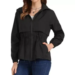Women's Zip Front Windbreaker With Hood Lightweight Outdoor Hiking Hooded Jacket -Fashion Clothing Store 7803461 Black
