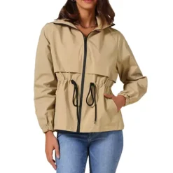 Women's Zip Front Windbreaker With Hood Lightweight Outdoor Hiking Hooded Jacket -Fashion Clothing Store 7803461 Khaki 1