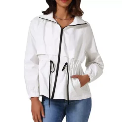 Women's Zip Front Windbreaker With Hood Lightweight Outdoor Hiking Hooded Jacket -Fashion Clothing Store 7803461 White