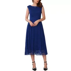 Women's Wedding Guest Lace Dress Boat Neck Vintage Formal Cocktail Midi Dresses -Fashion Clothing Store 7803462 Dark Blue