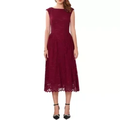 Women's Wedding Guest Lace Dress Boat Neck Vintage Formal Cocktail Midi Dresses -Fashion Clothing Store 7803462 Red