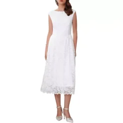 Women's Wedding Guest Lace Dress Boat Neck Vintage Formal Cocktail Midi Dresses