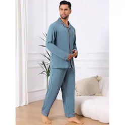 Men's 2 Pieces Long Sleeve Solid Color Button Down Casual Pajamas Set -Fashion Clothing Store 7803464 ALT2