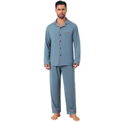 Men's 2 Pieces Long Sleeve Solid Color Button Down Casual Pajamas Set -Fashion Clothing Store 7803464 Gray Blue 1