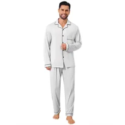 Men's 2 Pieces Long Sleeve Solid Color Button Down Casual Pajamas Set -Fashion Clothing Store 7803464 White Gray