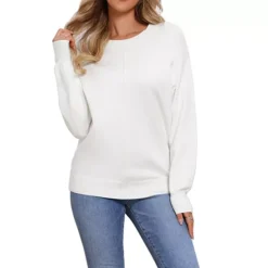 Crew Neck Knit Top For Women's Long Sleeve Classic Fall Soft Basic Pullover Sweaters -Fashion Clothing Store 7803473 White 1