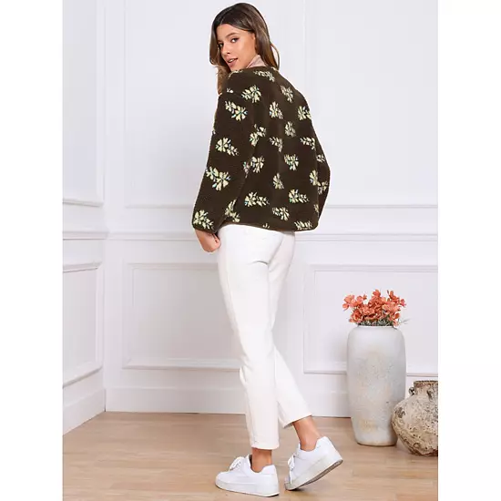 Women's Jacket Vintage Floral Print Long Sleeve Winter Warm Outwear Collarless Faux Shearling Coat 2 Women's Jacket Vintage Floral Print Long Sleeve Winter Warm Outwear Collarless Faux Shearling Coat - Image 2