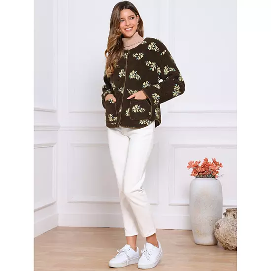 Women's Jacket Vintage Floral Print Long Sleeve Winter Warm Outwear Collarless Faux Shearling Coat 3 Women's Jacket Vintage Floral Print Long Sleeve Winter Warm Outwear Collarless Faux Shearling Coat - Image 3