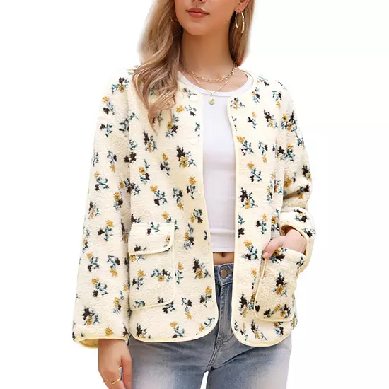 Women's Jacket Vintage Floral Print Long Sleeve Winter Warm Outwear Collarless Faux Shearling Coat 6 Women's Jacket Vintage Floral Print Long Sleeve Winter Warm Outwear Collarless Faux Shearling Coat - Image 6