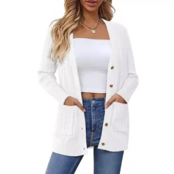 Casual Sweater Cardigan For Women's Twist Knit Fall Winter Long Trendy Cardigans -Fashion Clothing Store 7806824 White 1