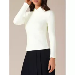 Women's Asymmetrical Collar T-Shirts Solid Color Long Sleeves Slim Fitted Basic Tops -Fashion Clothing Store 7806825 ALT2