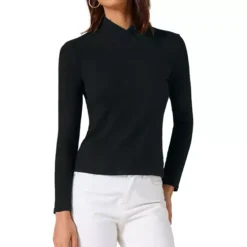 Women's Asymmetrical Collar T-Shirts Solid Color Long Sleeves Slim Fitted Basic Tops -Fashion Clothing Store 7806825 Black