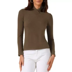 Women's Asymmetrical Collar T-Shirts Solid Color Long Sleeves Slim Fitted Basic Tops -Fashion Clothing Store 7806825 Brown