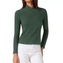 Women's Asymmetrical Collar T-Shirts Solid Color Long Sleeves Slim Fitted Basic Tops -Fashion Clothing Store 7806825 Dark Green