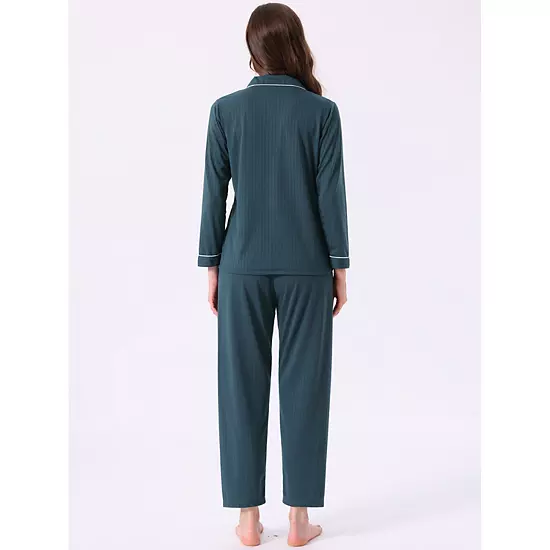 Women's Lounge Set Cotton Ribbed Button Up Long Sleeve Top Pants With Pocket Pajama Set Loungewear 2 Women's Lounge Set Cotton Ribbed Button Up Long Sleeve Top Pants With Pocket Pajama Set Loungewear - Image 2