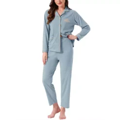 Women's Lounge Set Cotton Ribbed Button Up Long Sleeve Top Pants With Pocket Pajama Set Loungewear