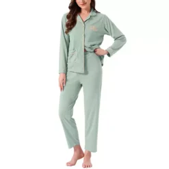 Women's Lounge Set Cotton Ribbed Button Up Long Sleeve Top Pants With Pocket Pajama Set Loungewear 19 Women's Lounge Set Cotton Ribbed Button Up Long Sleeve Top Pants With Pocket Pajama Set Loungewear -Fashion Clothing Store 7806832 Green